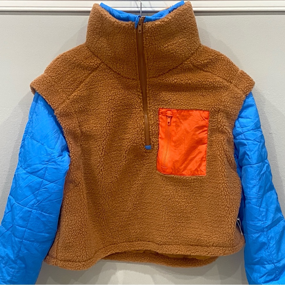 Brown and Blue Fleece Jacket with Orange Pocket
